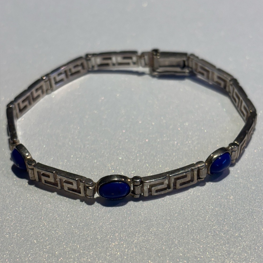 Vintage 925 Stamped Silver Green Key Meandering Bracelet With 3 Lapis Lazuli Cab
